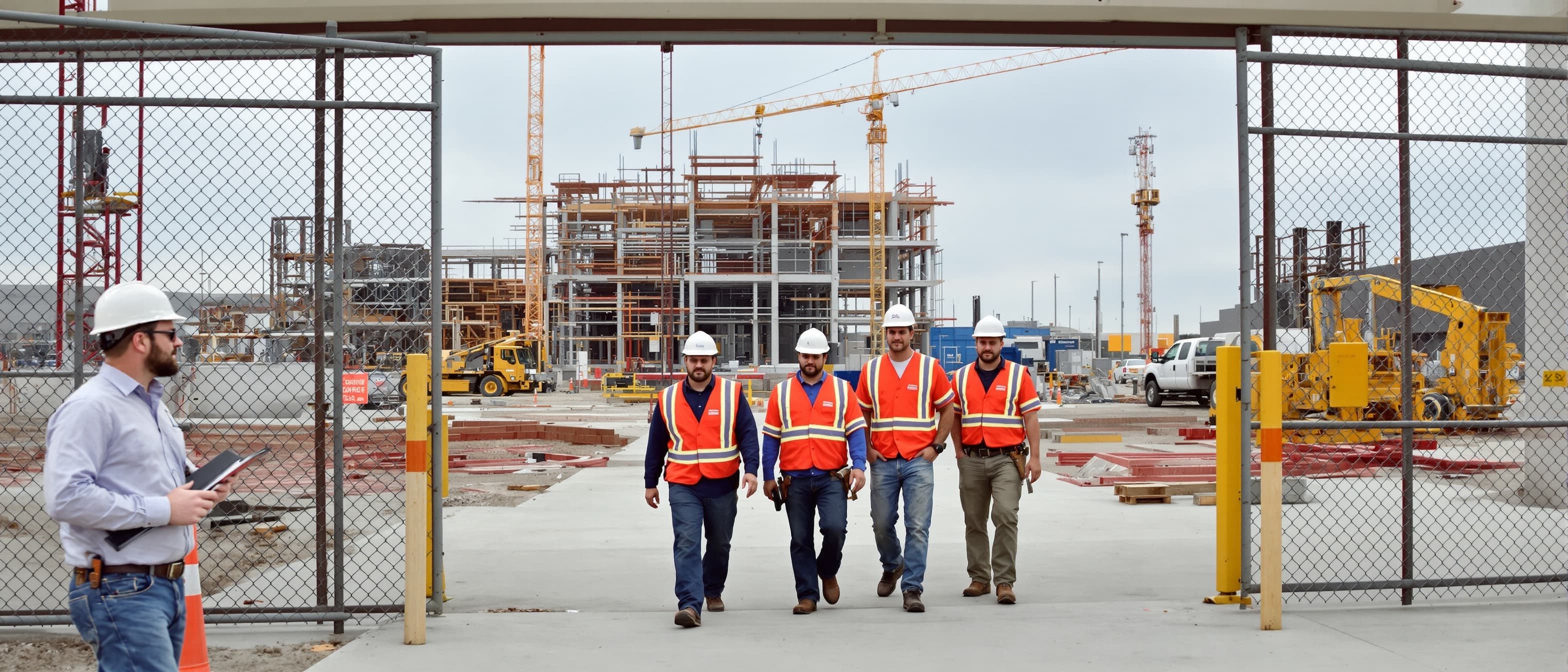 Crew of craftsmen in safety vests and hardhats walking off a Tulsa commercial construction site after shift end, with a steel-frame structure and crane in the background