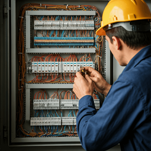 Electrician working on industrial control panel with precise wiring