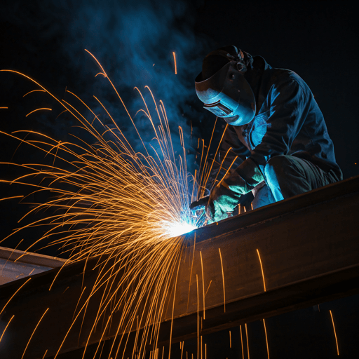 Ironworker welding structural steel beams