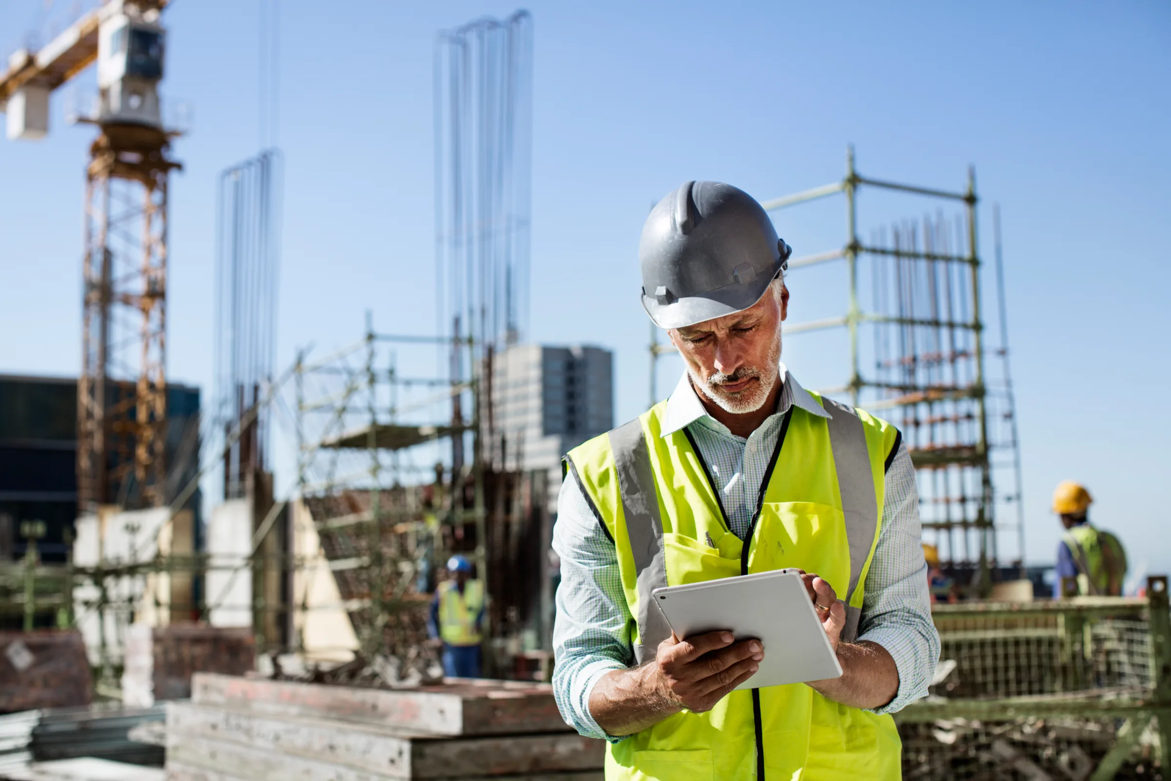 Modern industrial construction site with architectural scaffolding